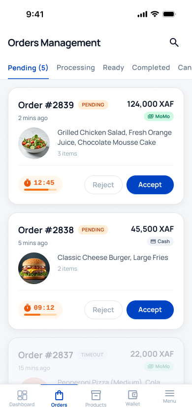One Market Vendor orders management screen